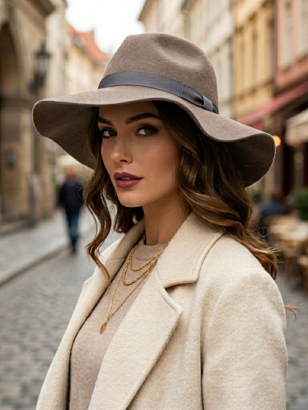 D&Y 100% Wool Felt Floppy Hat Taupe Wide Brim Fedora